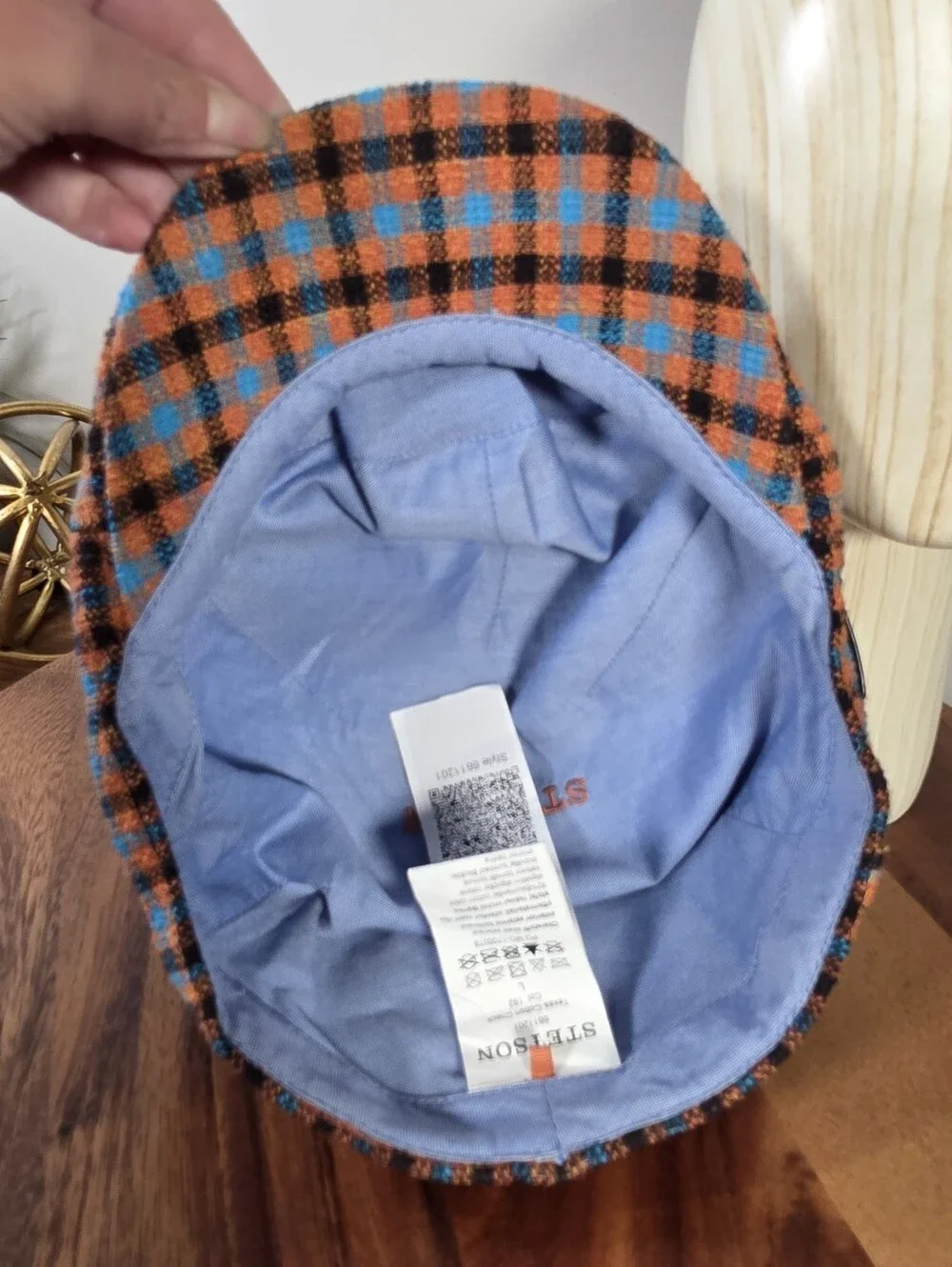 Stetson Texas Cotton Check Flat Cap Orange Blue Ivy Driving Newsboy Hat Size L